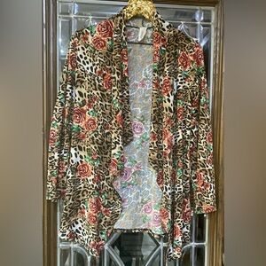Leopard Floral Open Front Cardigan Suede Elbow Patches Size Small Lightweight